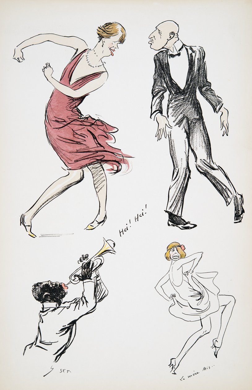 Twee travestieten en man in zwarte stropdas dansen op een saxofoon, uit White Bottoms, uitgegeven 1927 door Sem