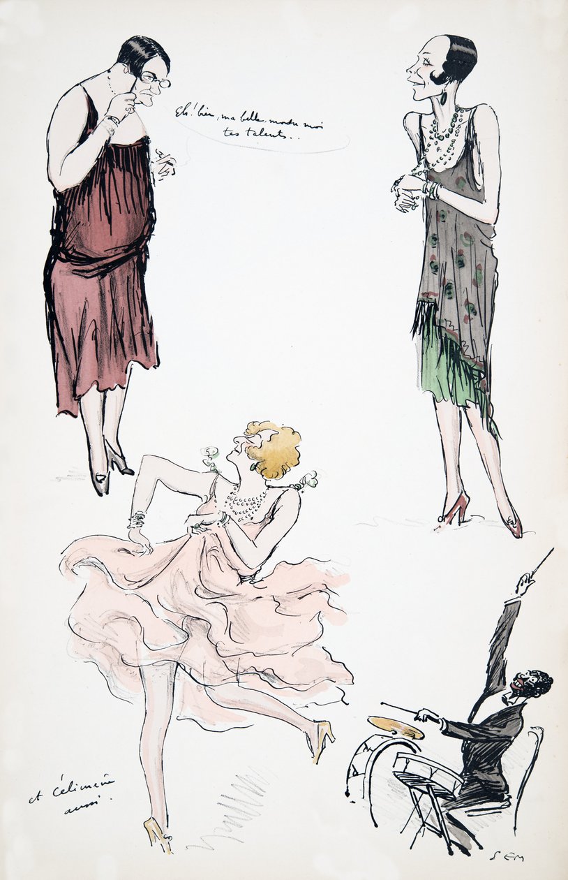 Twee travestieten in gesprek terwijl een ander danst op een muzikant op de drums, uit White Bottoms, uitgegeven 1927 door Sem
