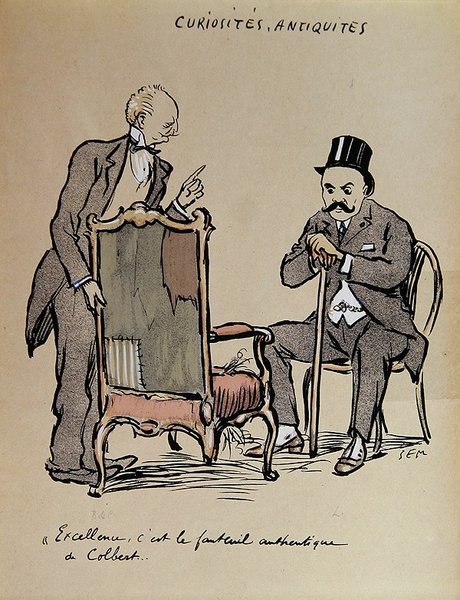 Rijke kunstverzamelaar inspecteert een stoel die naar verluidt eigendom was van Colbert, c.1919 door Sem