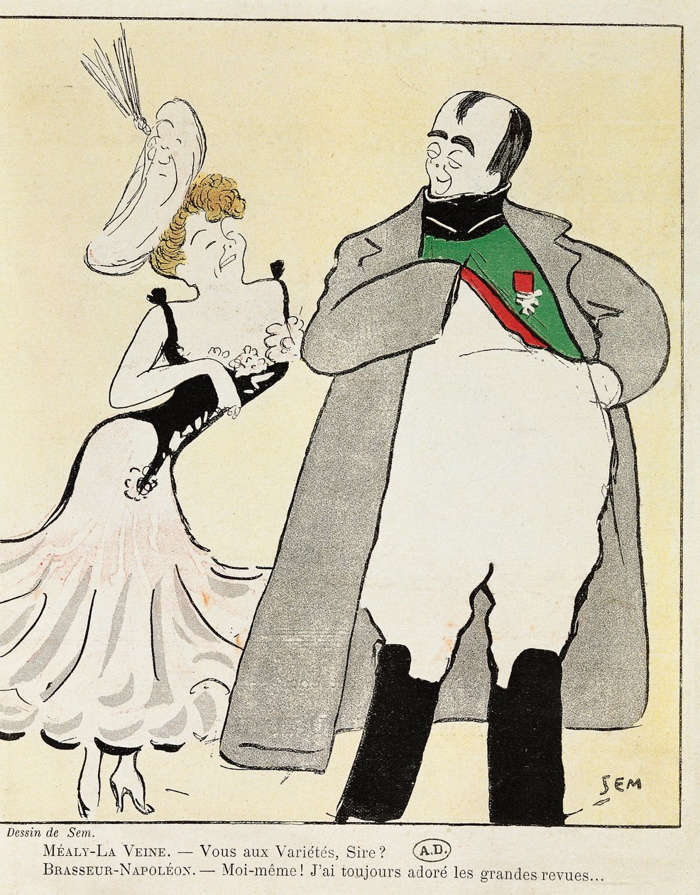 Acteur Albert Bresseur in de rol van Napoleon in Madame Sans-Gene, door Victorien Sardou, karikatuur uit 1893 door Sem