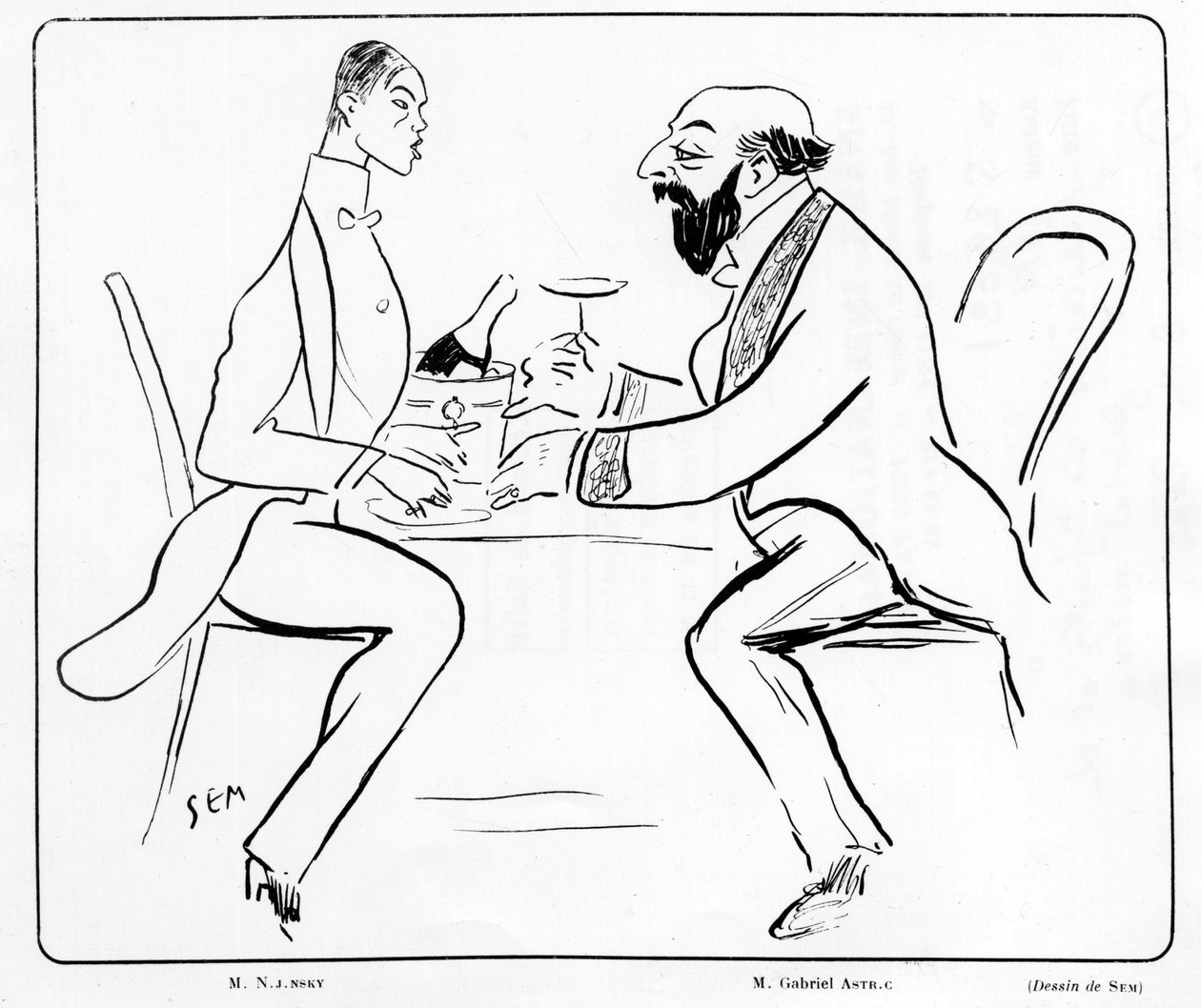 Cartoon door Nijuisky en Gabriel Astri in een café, tekening door Sem (1863 - 1934) door Sem