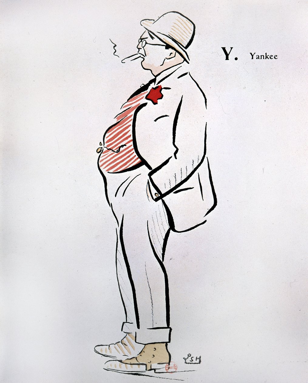 Cartoon van Amerikaan in Alphabet de Sem (1863 - 1934), Y als Yankee, z.j., 20e eeuw door Sem