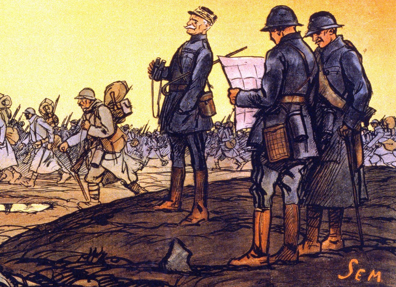 Generaal Ferdinand Foch (1851 - 1929) kijkt naar zijn troepen die door het slagveld marcheren. Detail van een poster voor de nationale lening 