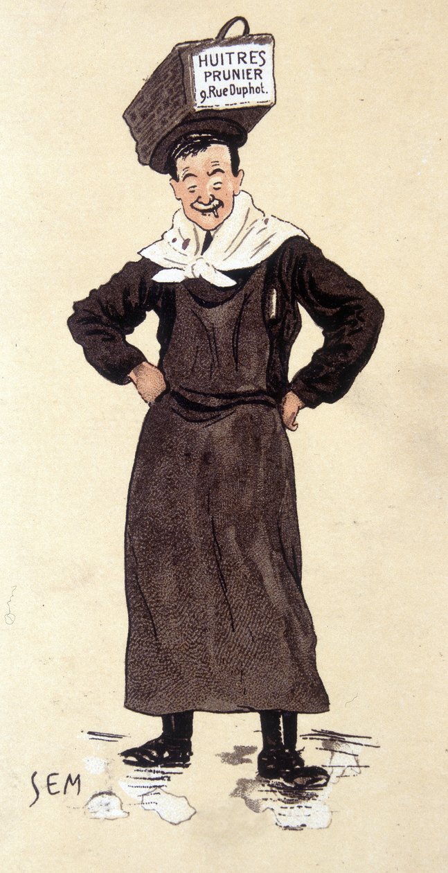 Verkoper van oesters van de winkel Prunier. Chromolithografie ondertekend SEM (1863 - 1934) door Sem