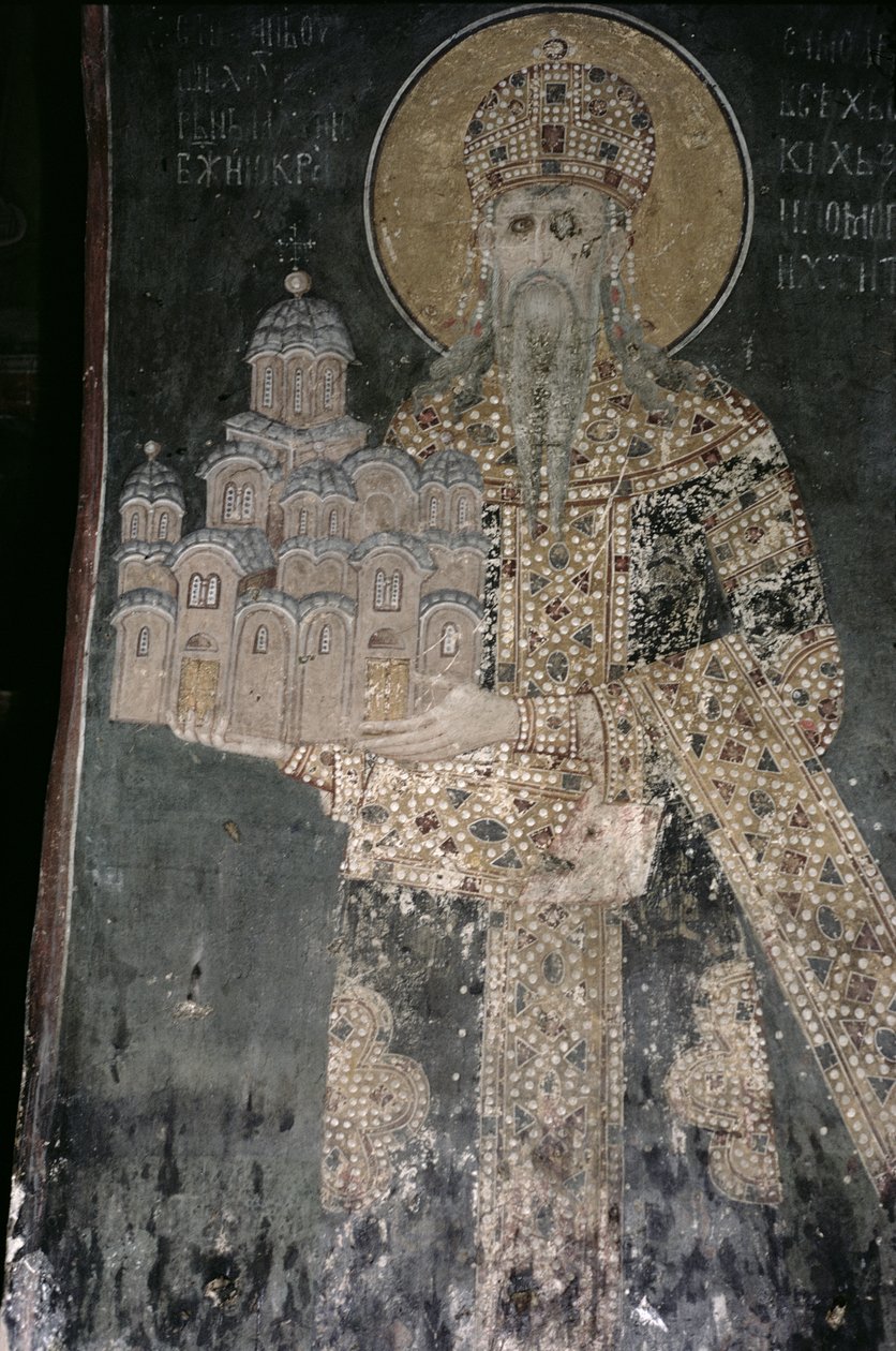Koning Stefan Uroš II Milutin (r.1282-1321) met een model van de kerk, 1311-21 door Serbian School