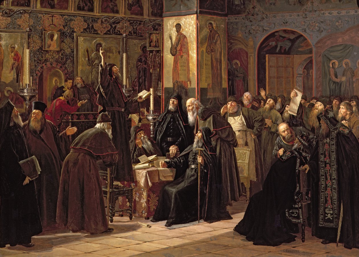 De opstand van het Solovetsky-klooster tegen de nieuwe boeken in 1666, 1885 door Sergei Dmitrievich Miloradovich