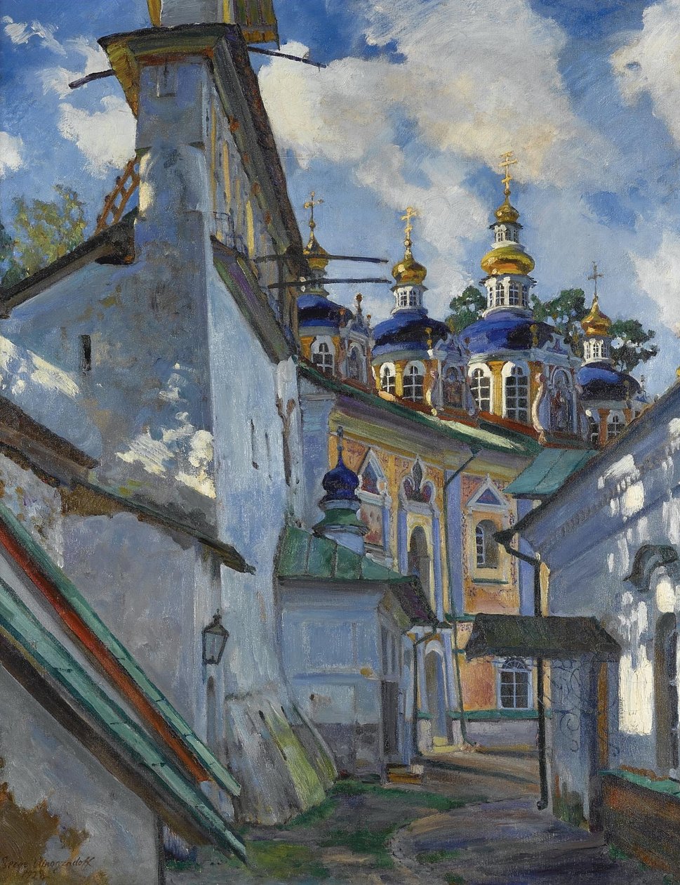 Uitzicht op het Pskovo-Pechersky-klooster door Sergei Arsenevich Vinogradov