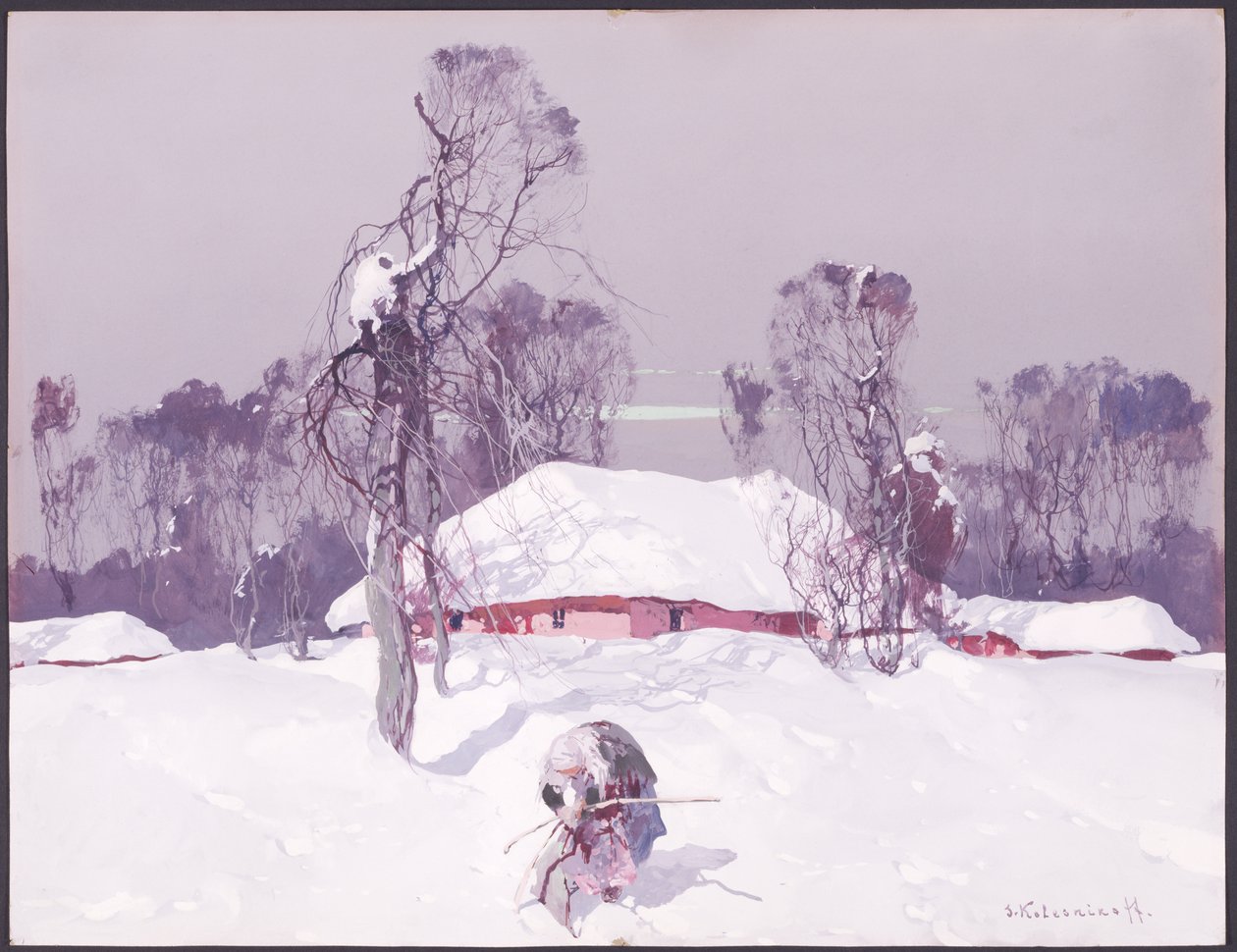 Oude dame verzamelt hout in de sneeuw door Sergei Kolesnikoff