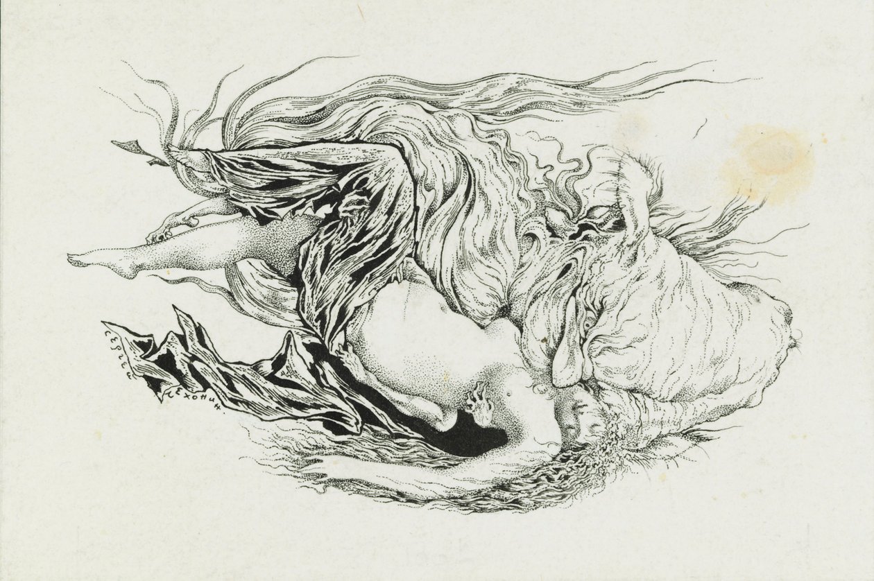 Chernomor en Lyudmila. Illustratie bij het gedicht Ruslan en Lyudmila door A. Pushkin, 1921-1926 door Sergei Vasilevich Chekhonin