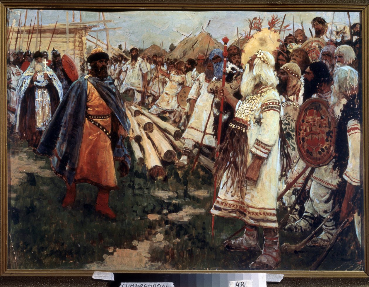 Christendom en heidendom. Christianisering van Oekraïne - Allegorie van de twee religies tegenover elkaar door Sergej Vasilevic Ivanov