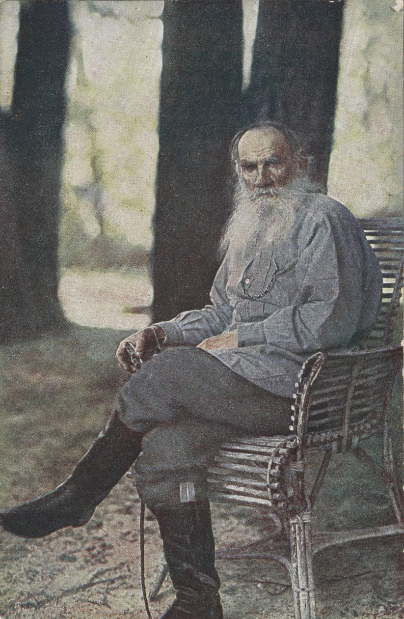 Ansichtkaart van Leo Tolstoy bij zijn huis, Yasnaya Polyana, 1905-1915 door Sergey Prokudin Gorsky