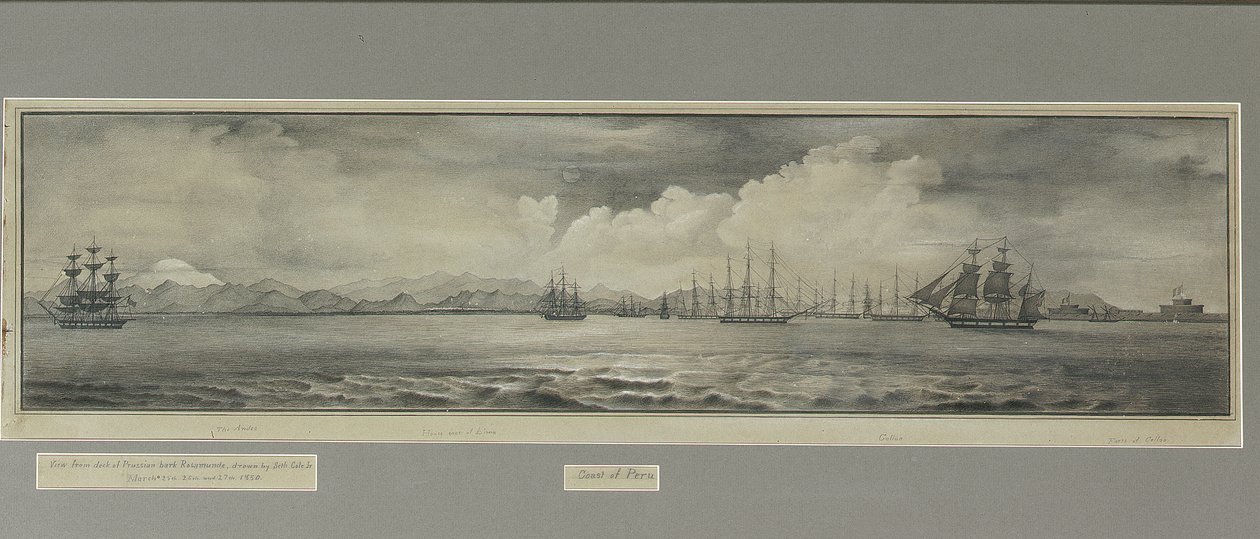 Kust van Peru: De Andes, Huizendaken van Lima, Callao, Forten van Callao, vanaf het dek van de Pruisische bark Rosamunde door Seth Jr. Cole