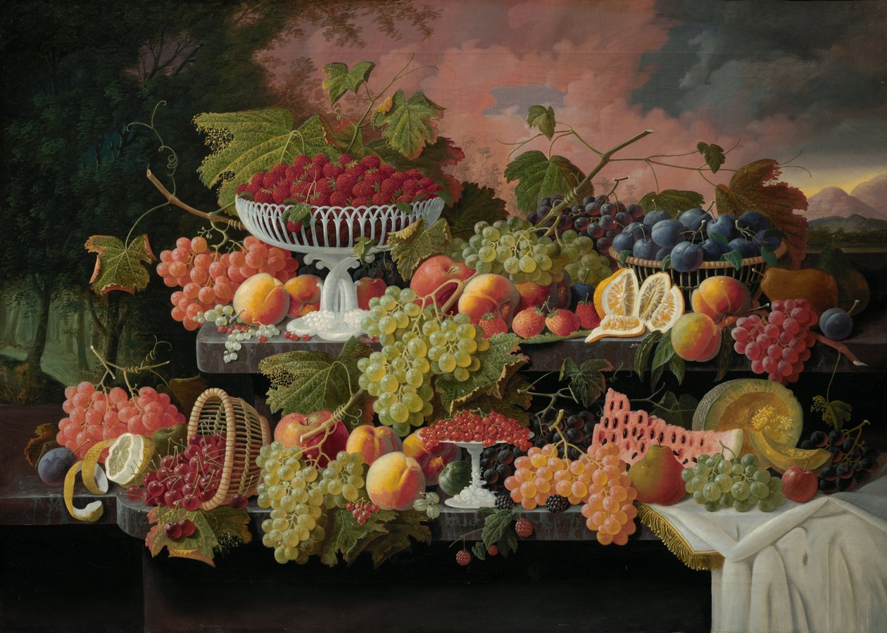 Tweeledig stilleven met fruit en zonsonderganglandschap door Severin Roesen