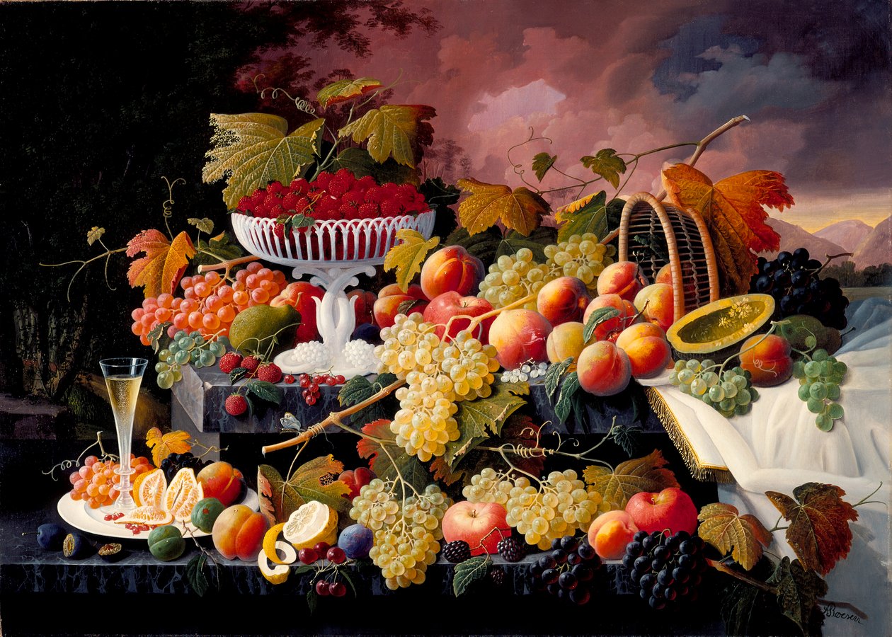 Fruit stilleven in een landschap door Severin Roesen
