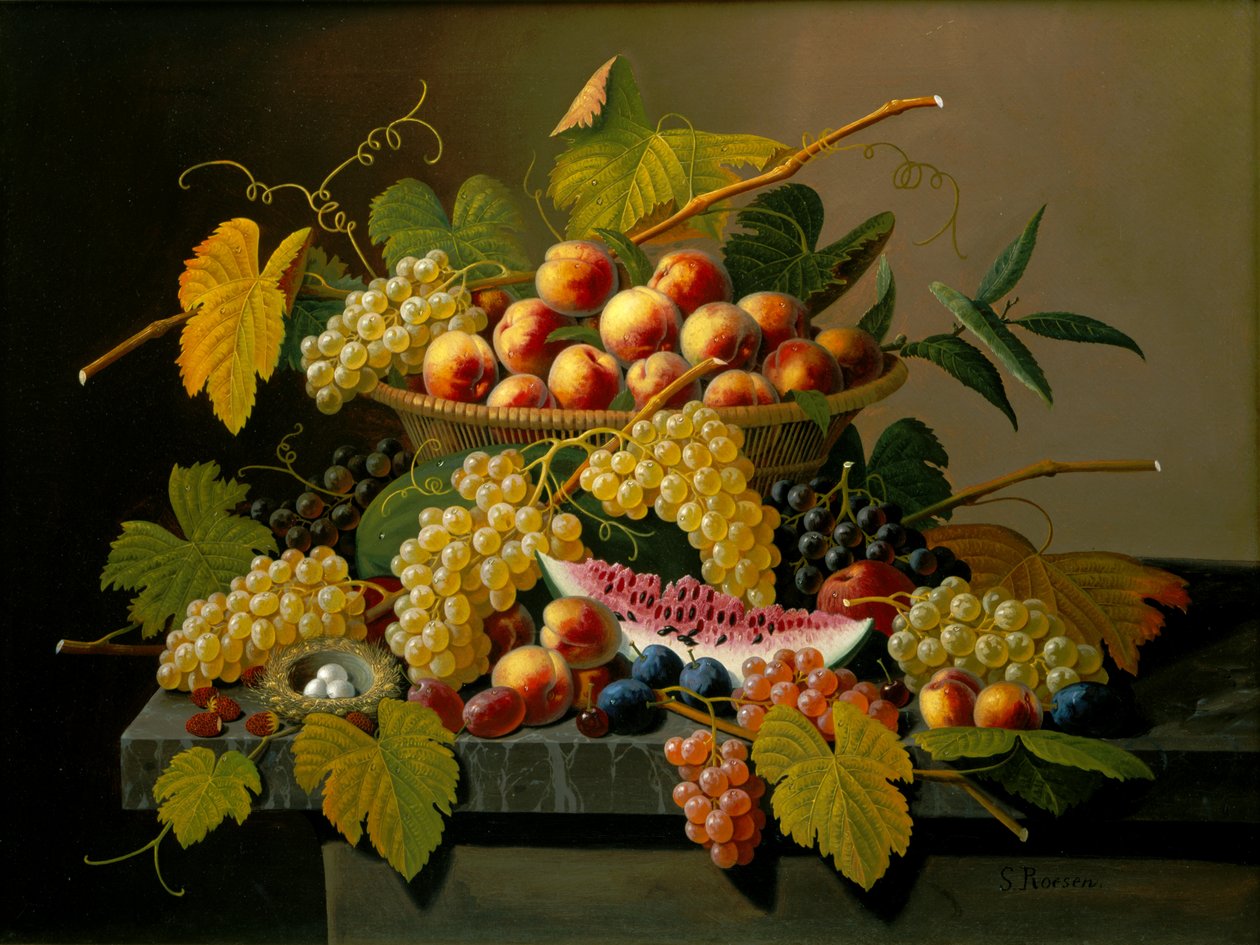 Stilleven met een mand met fruit door Severin Roesen