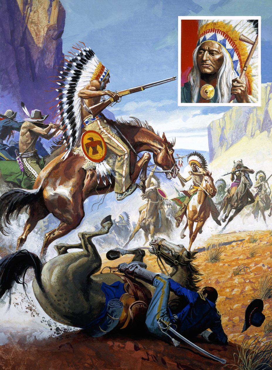 Een schermutseling tussen indianen en Amerikaanse soldaten (gouache op papier) door Severino Baraldi
