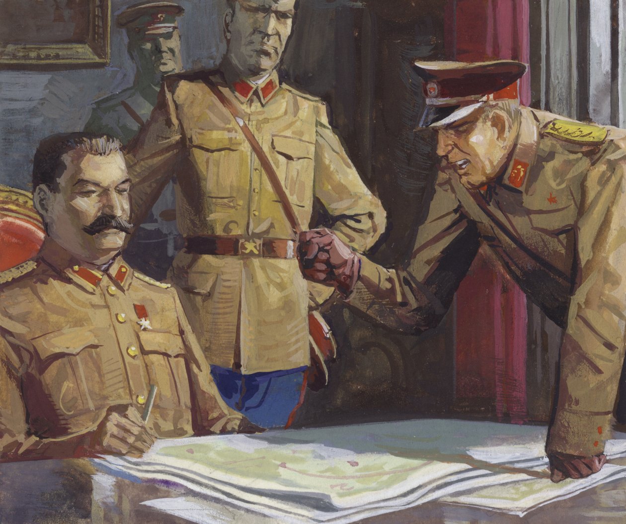 Generaal Georgi Zjoekov ruziet met Stalin over militaire tactiek door Severino Baraldi