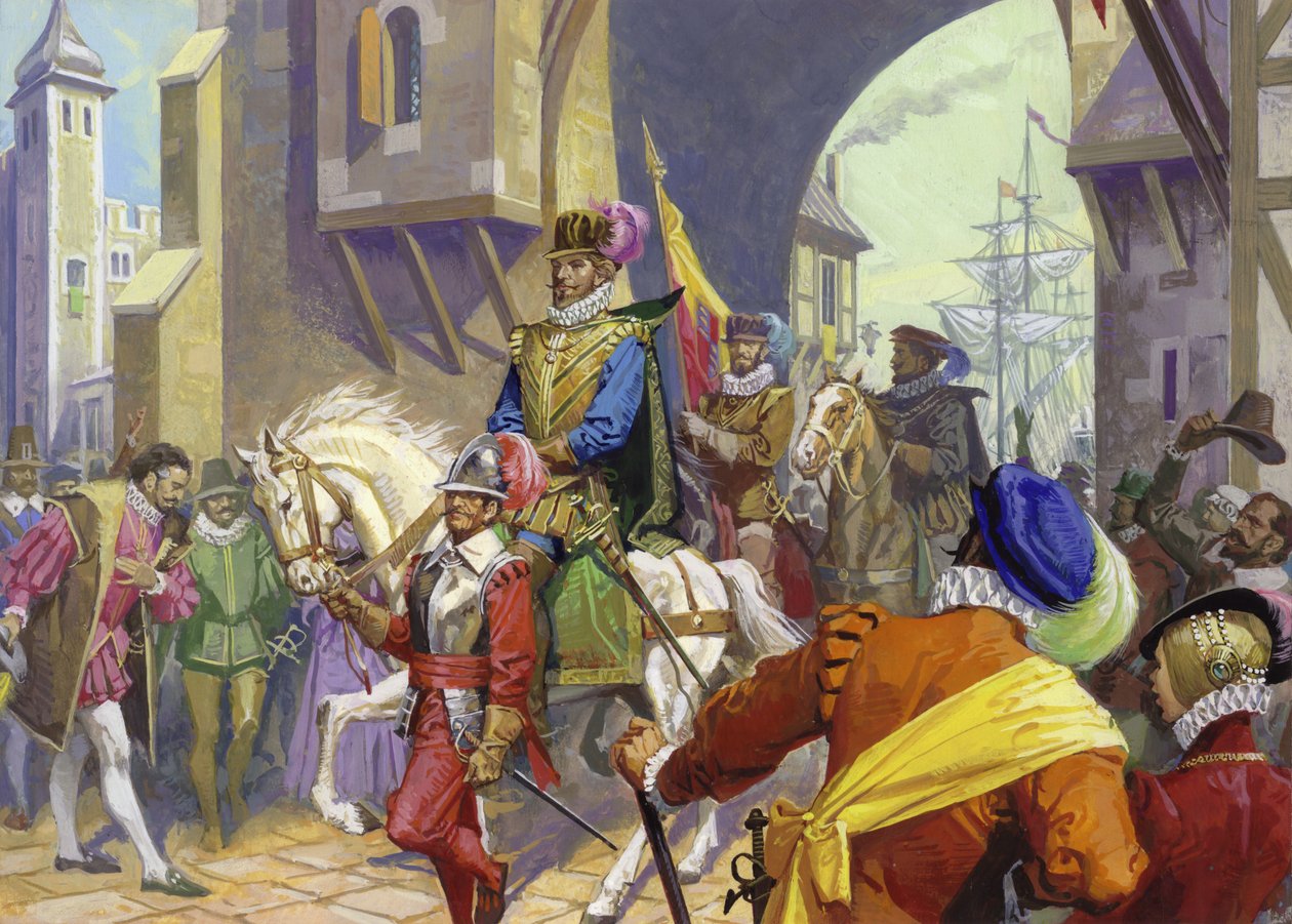 Sir Francis Drake arriveert in Plymouth (gouache op papier) door Severino Baraldi