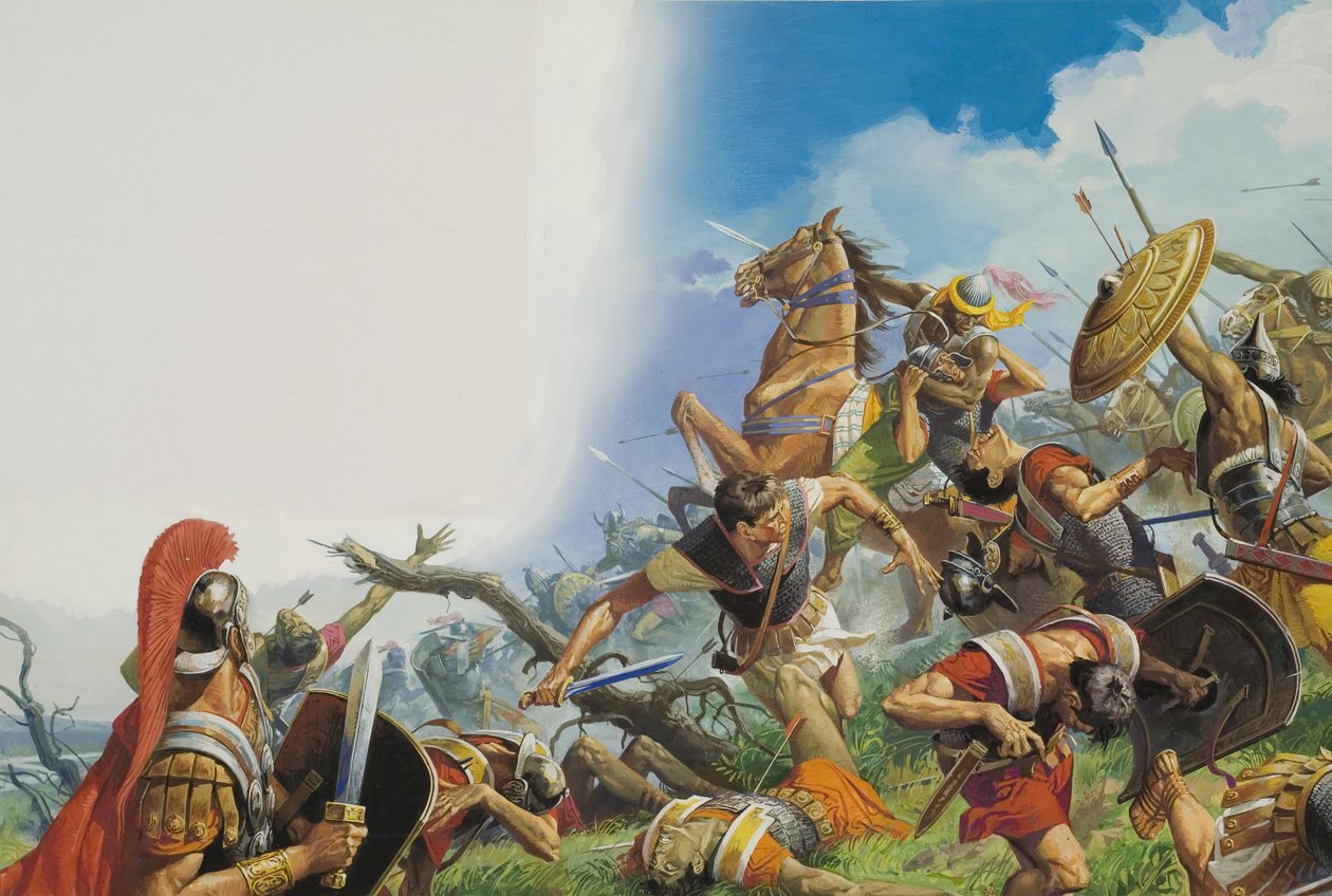 De slag bij Cannae in 216 voor Christus (gouache op papier) door Severino Baraldi