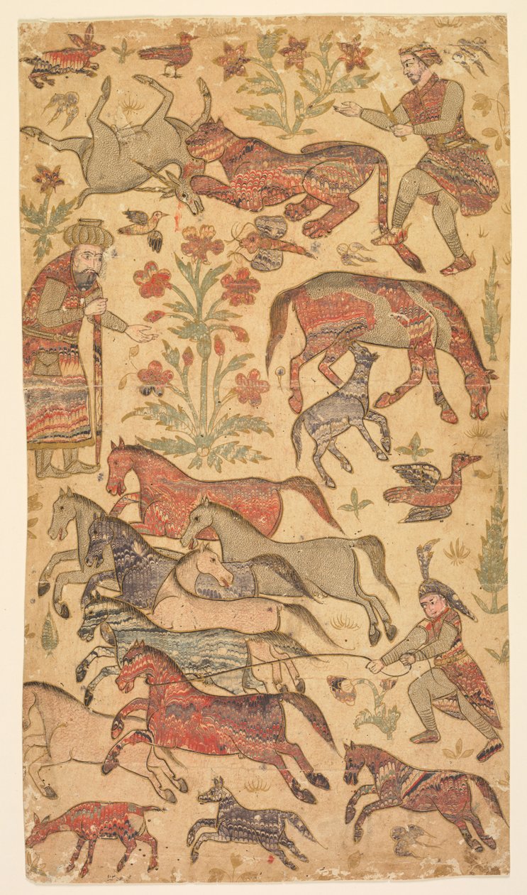 Een gemarmerd beeld van Rustam die Rakhsh vangt, ca. 1650 door Shafi
