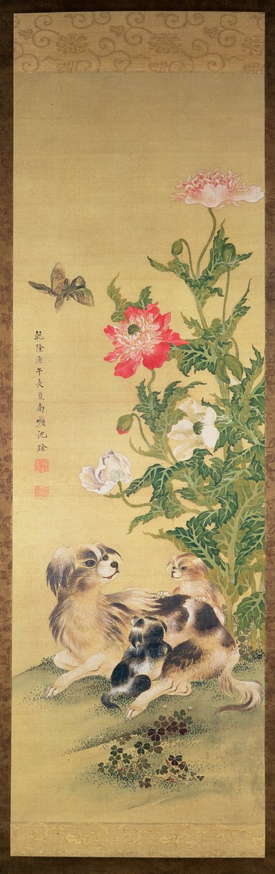 Honden en pioenroos, Qing-dynastie (kleur op zijde) door Shen Quan
