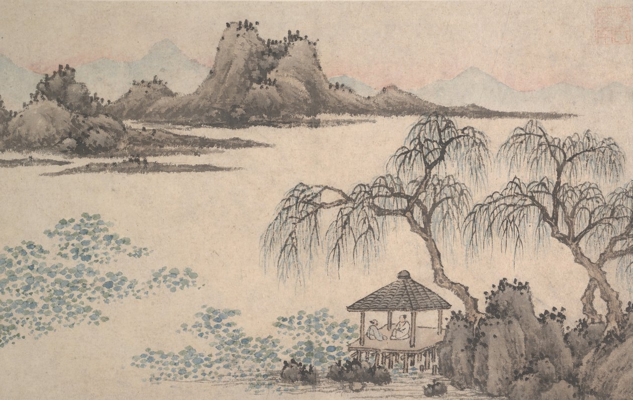 Landschap met Paviljoen en Wilgen door Shen Zhou