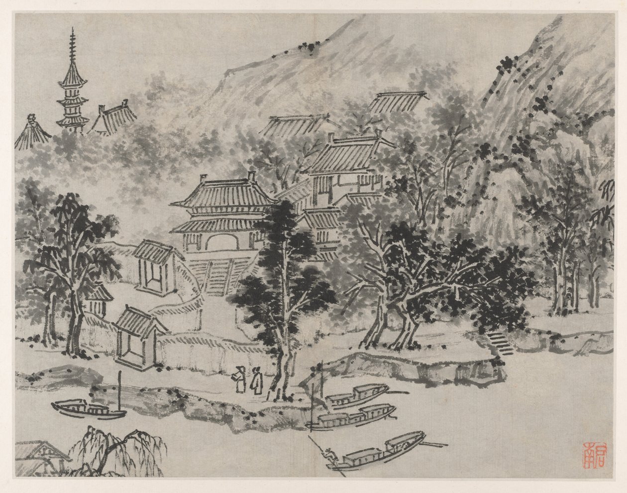 Twaalf Zichten op de Tijgerheuvel, Suzhou: Ver Uitzicht op de Tijgerheuvel vanaf de Kanaalaanlegplaats door Shen Zhou