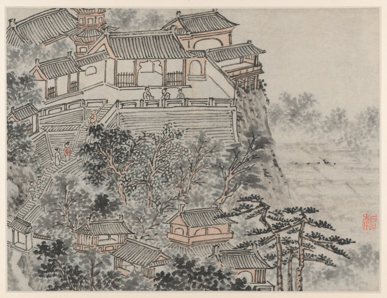 Twaalf Zichten op de Tijgerheuvel, Suzhou: Het Vijf Wijzen Terras door Shen Zhou
