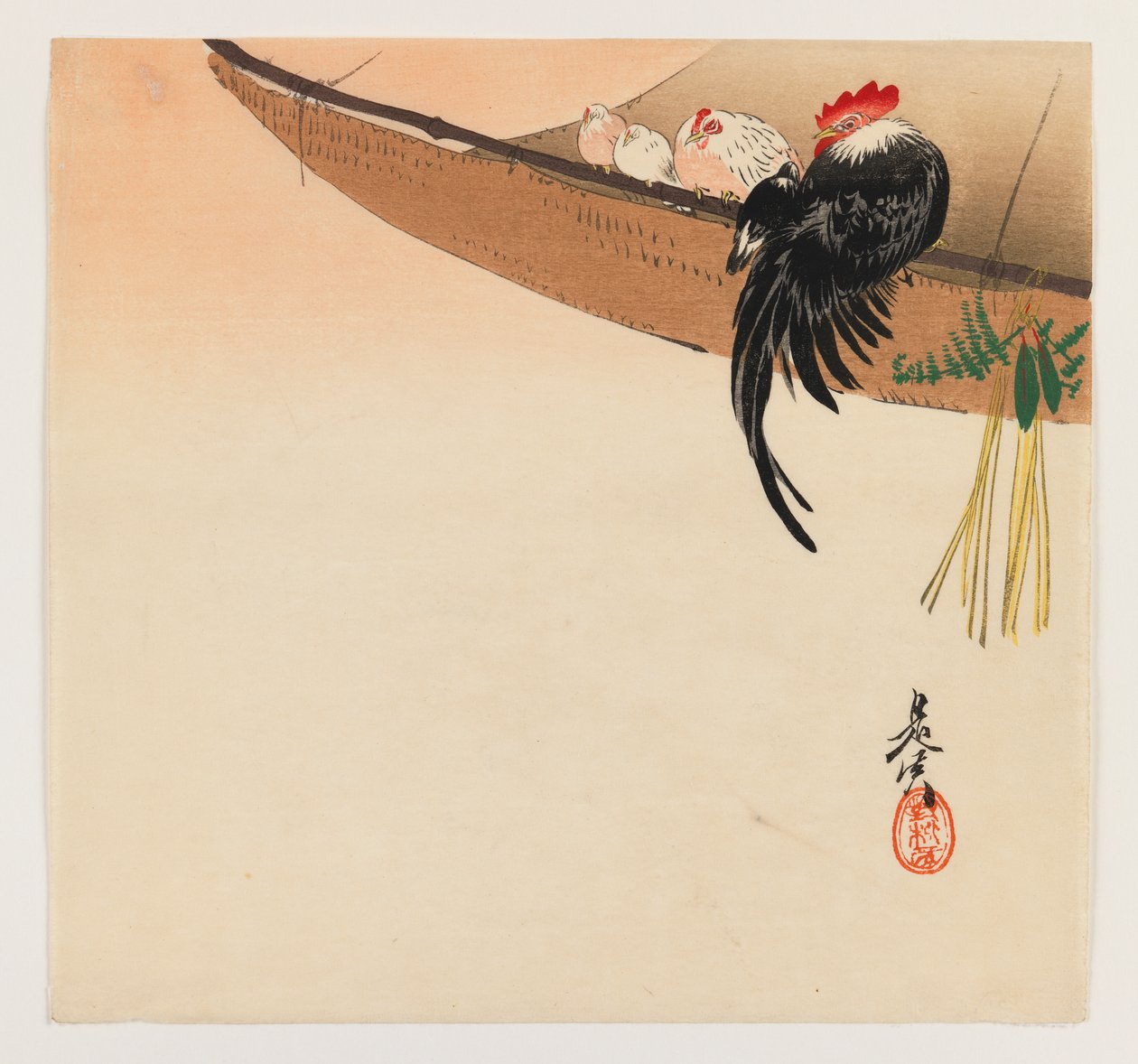 Hennen en haan met hangmat uit de serie Hana Kurabe, c.1880 door Shibata Zeshin