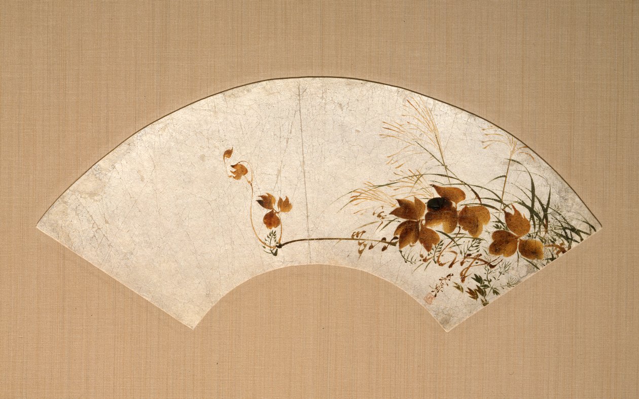 Herfstbladeren en grassen (afbeelding van herfstgrassen, lakschildering op een waaierblad) door Shibata Zeshin