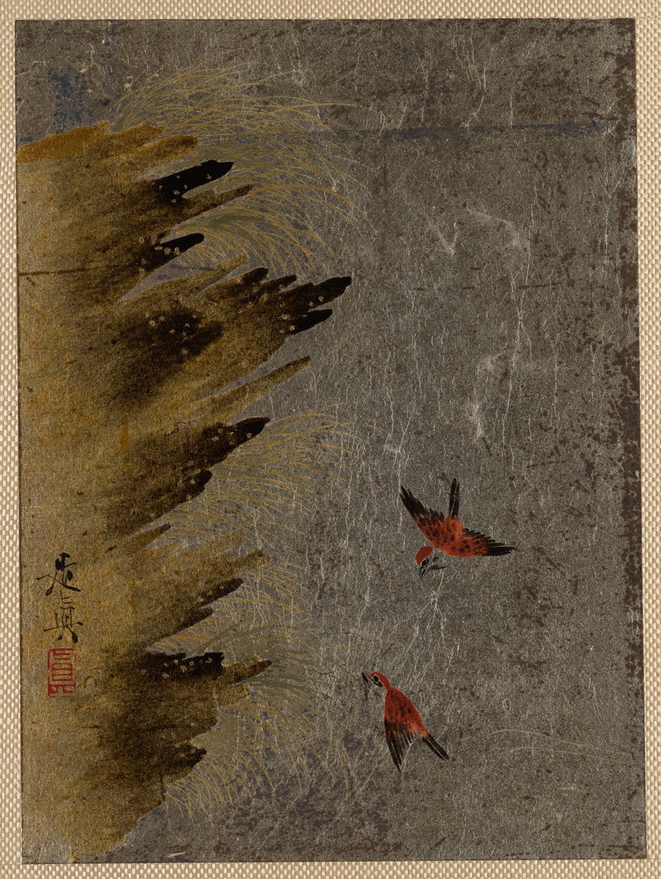 Vogels en uitstekende rotsen door Shibata Zeshin