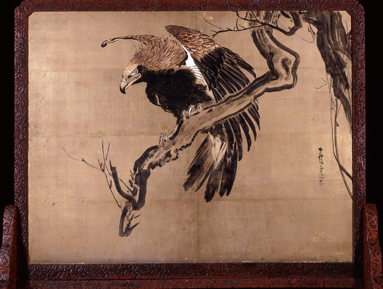 Karper in golven (Zeshin) en adelaar op een tak (keerzijde van Rosetsu) door Shibata Zeshin