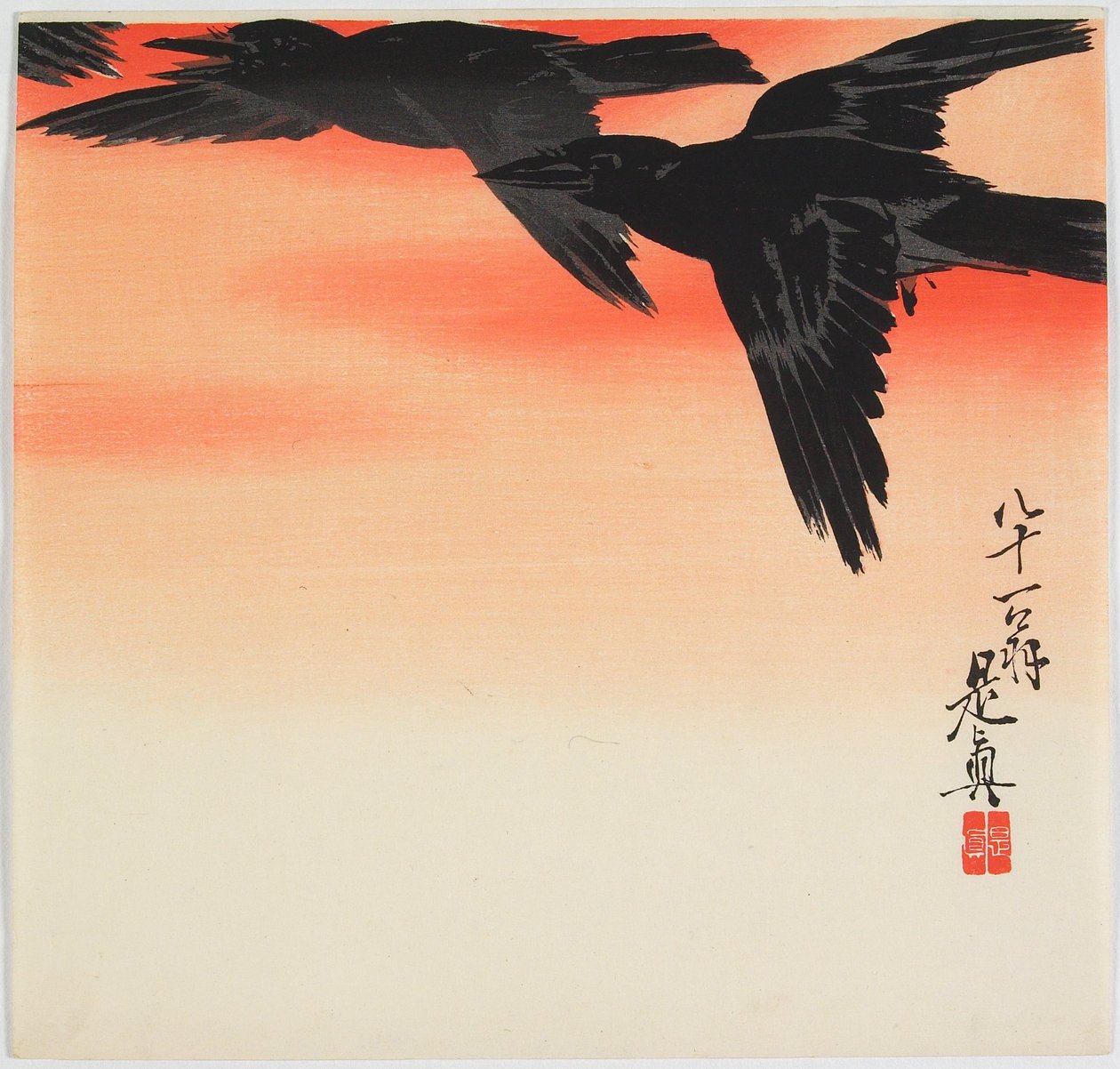 Kraaien die vliegen bij zonsondergang door Shibata Zeshin