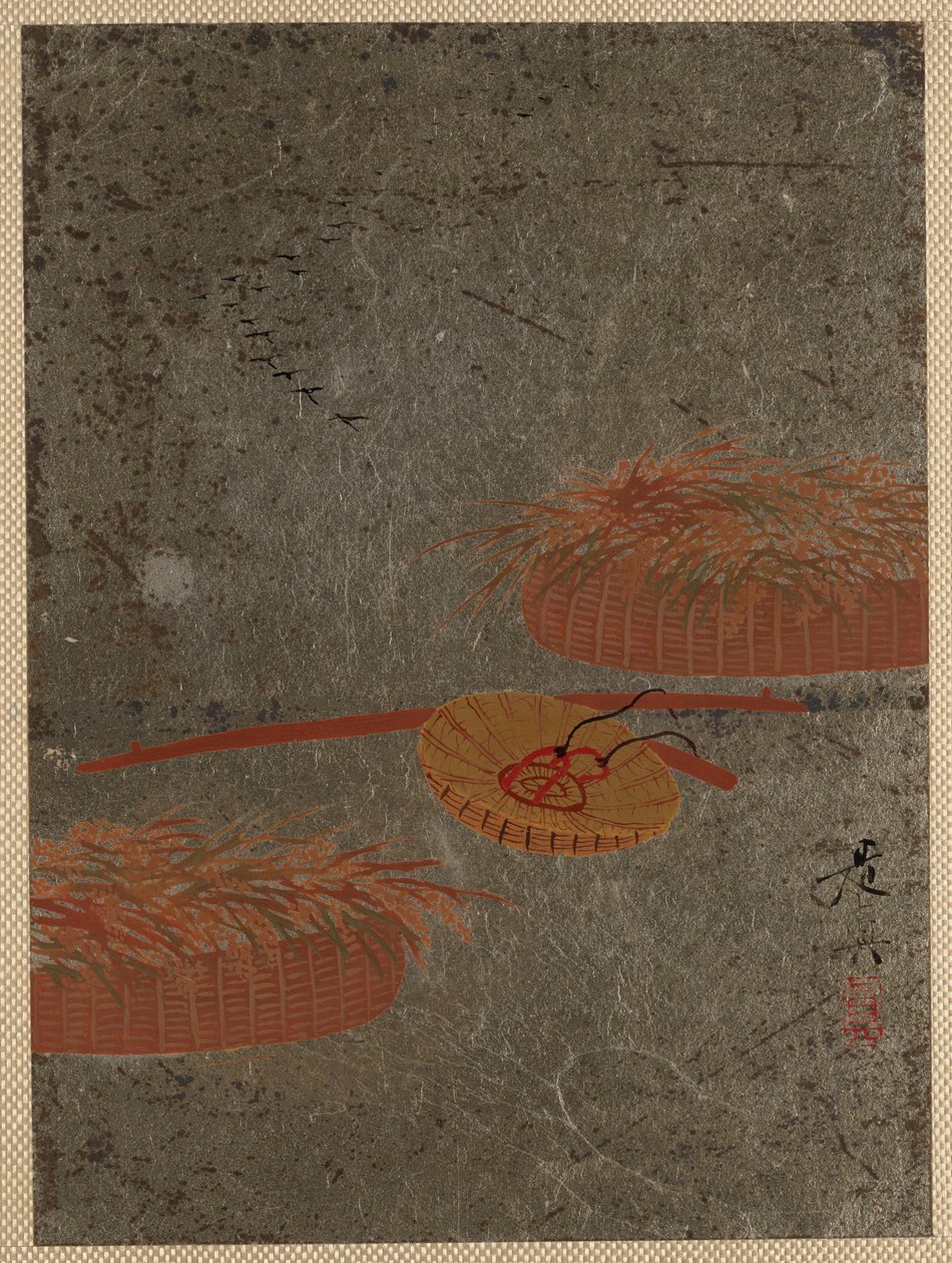 Bloemenmanden en boerenhoed door Shibata Zeshin