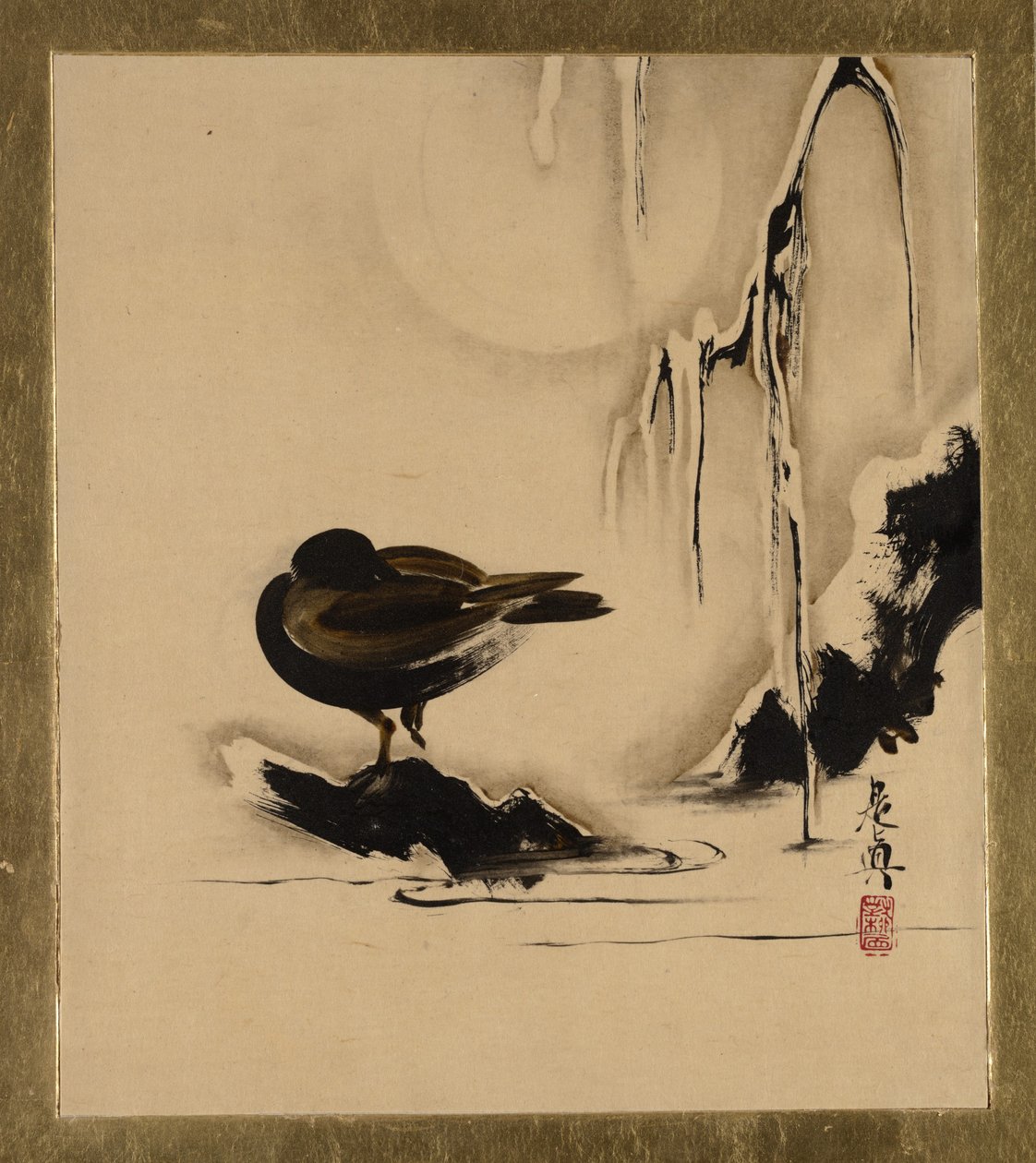 Lakken schilderijen van verschillende onderwerpen: Vogel en wilg in de sneeuw, 1882 door Shibata Zeshin