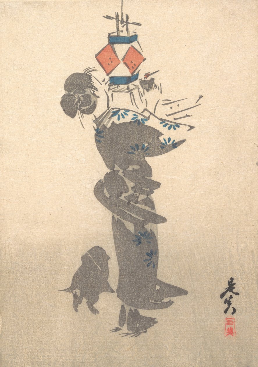 Een hangende lantaarn aansteken voor het Obon-festival, 1860 door Shibata Zeshin