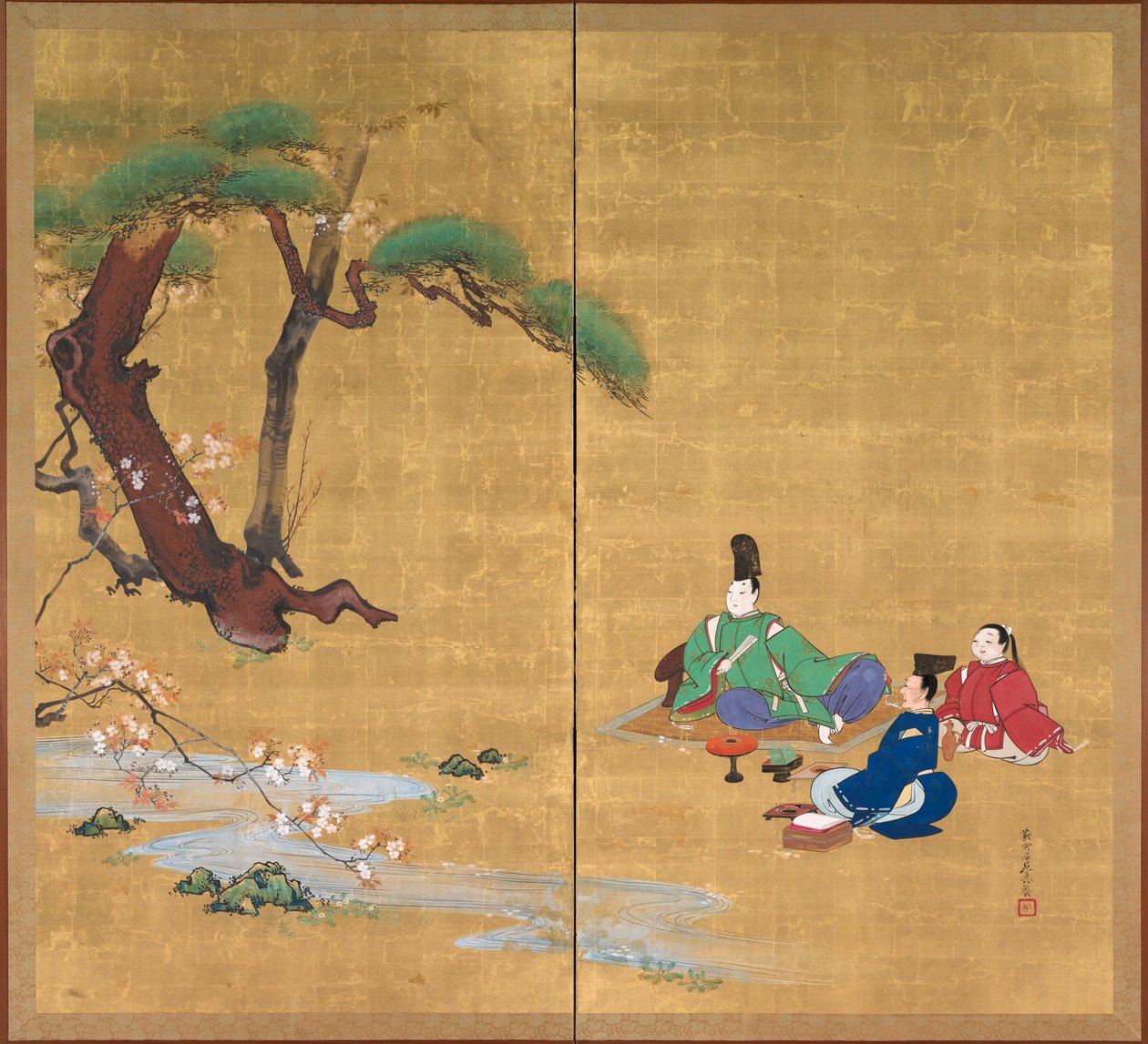 Narihira bekijkt de kersenbloesems, tweeluik vouwscherm, eind 1800s door Shibata Zeshin