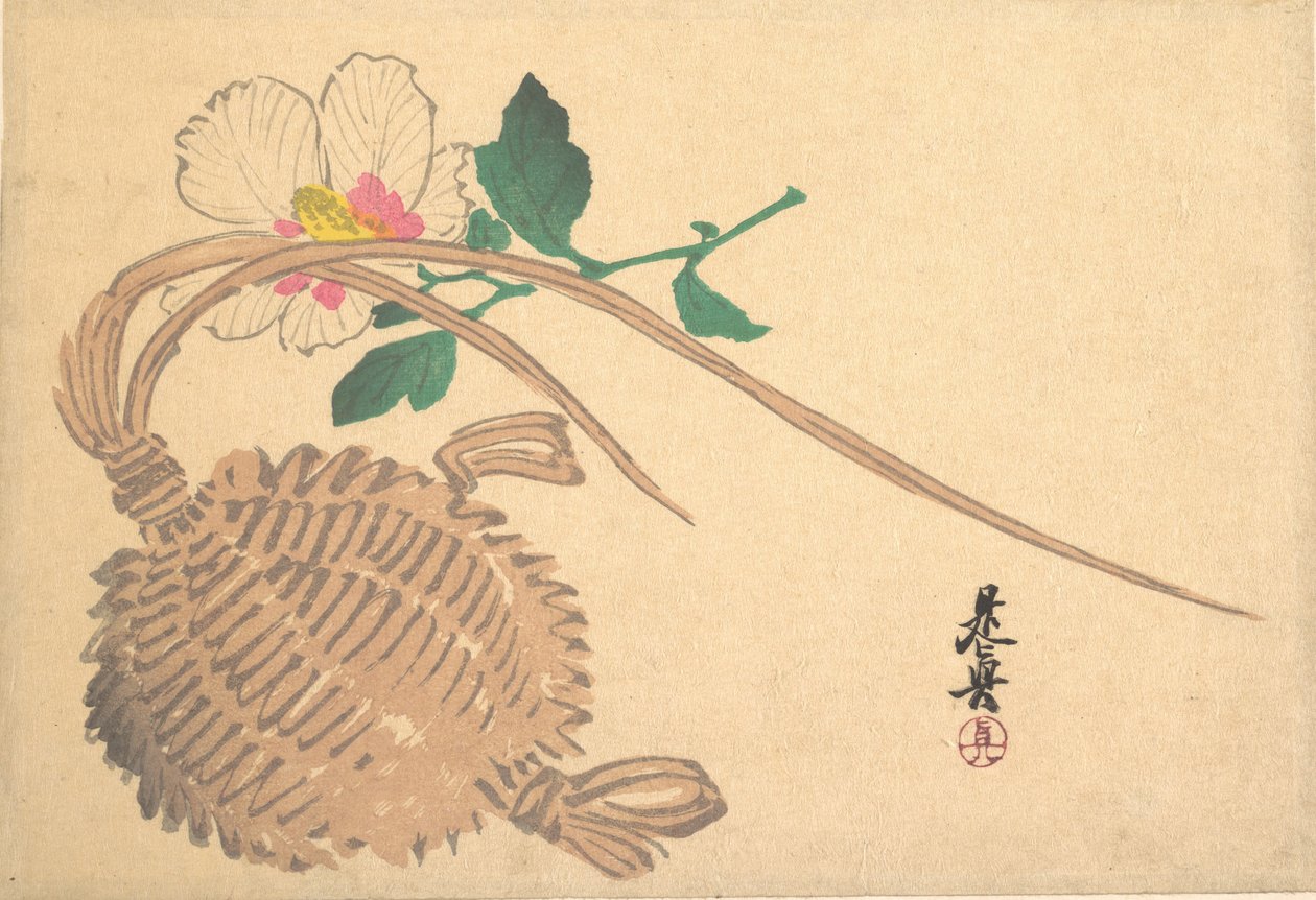 Stro Mand voor Vis en Mokuge Bloem door Shibata Zeshin