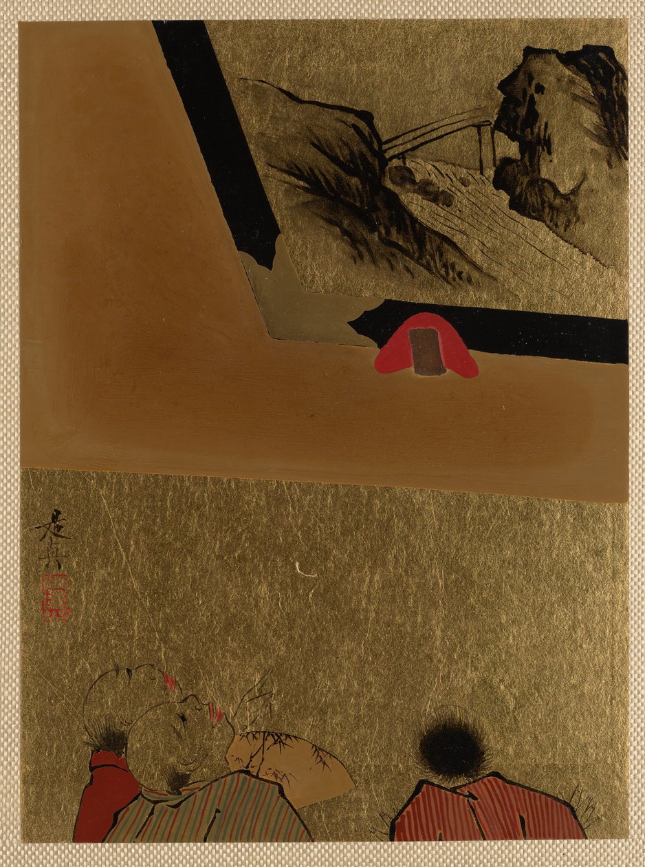 Drie mannen kijken naar een ingelijste laktekening door Shibata Zeshin