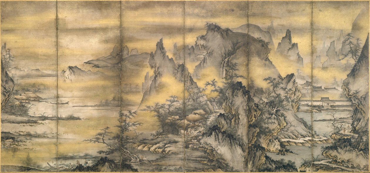 Japans: 『式部輝忠筆 四季山水図屏風 室町時代 』 Landschap van de vier seizoenen, één van een paar door Shikibu Terutada