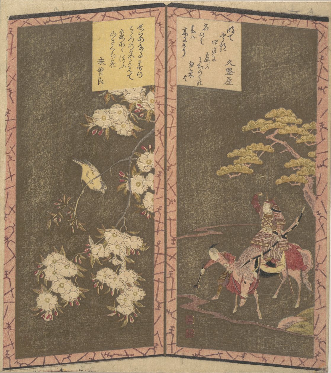 Links: Vogel op tak van een kersenboom, Rechts: Minamotono Yoshiié te paard door Shinsai