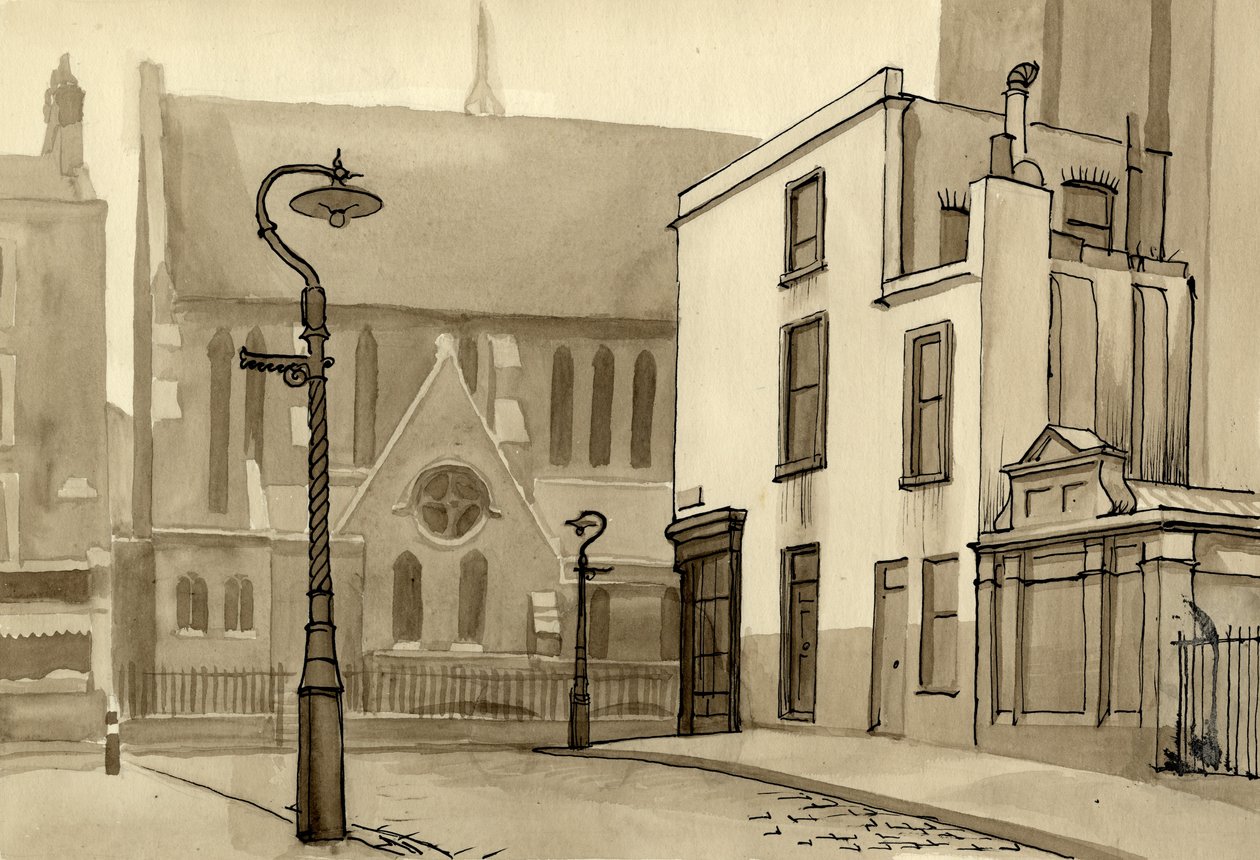 Lantaarnpaal en kerk, ca. 1951 door Shirley Markham