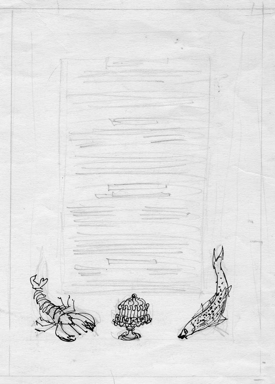 Kreeft, vis en taart, menukaartontwerp, ca. 1950 door Shirley Markham