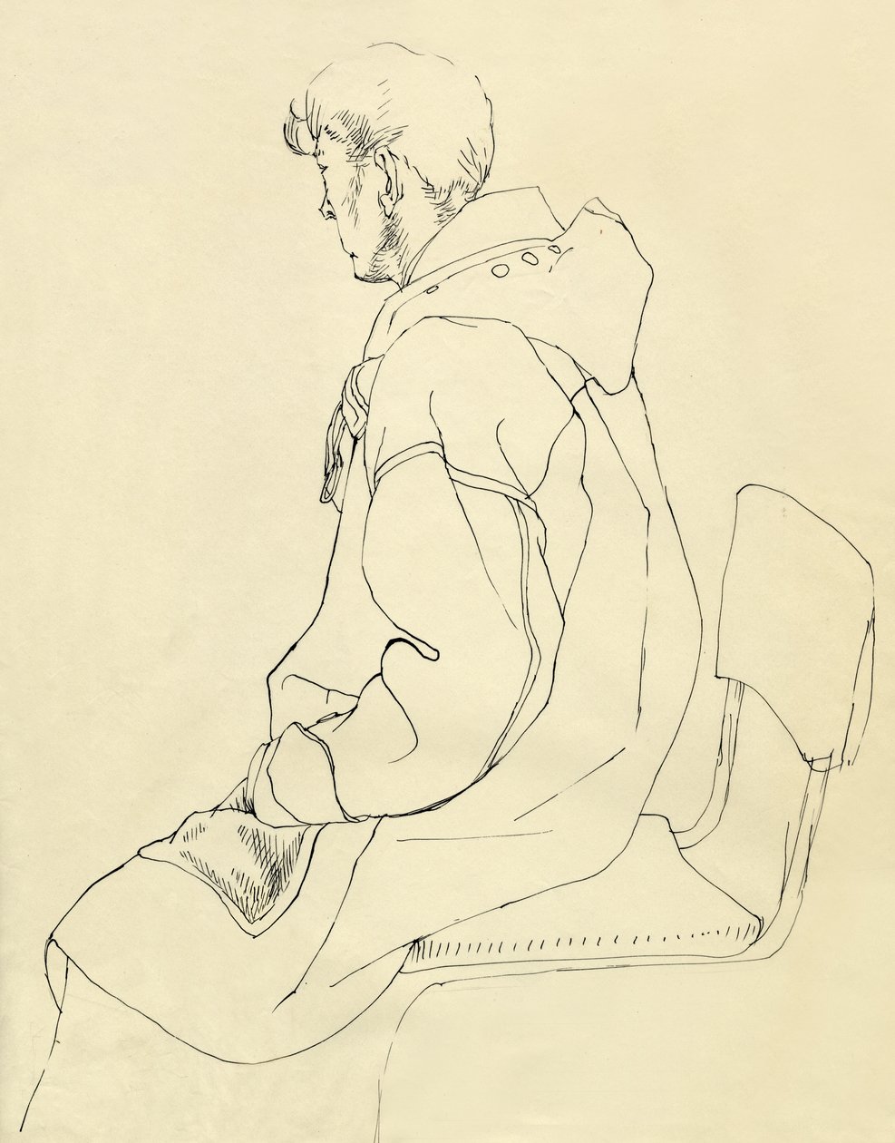 Zittende man in duffeljas, ca. 1952 door Shirley Markham
