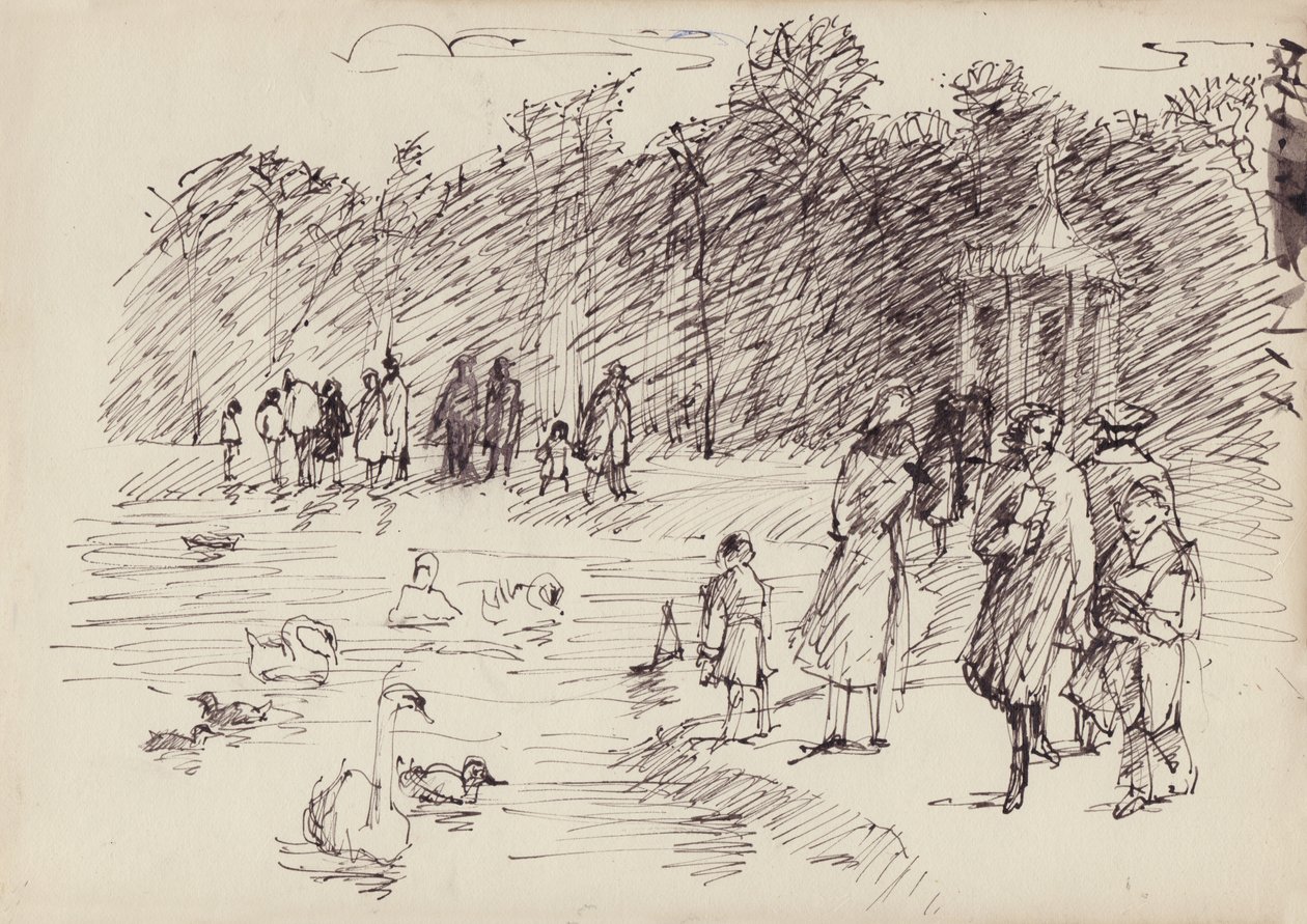 Zwanen op de ronde vijver in Kensington Gardens, Londen, ca. 1950 door Shirley Markham