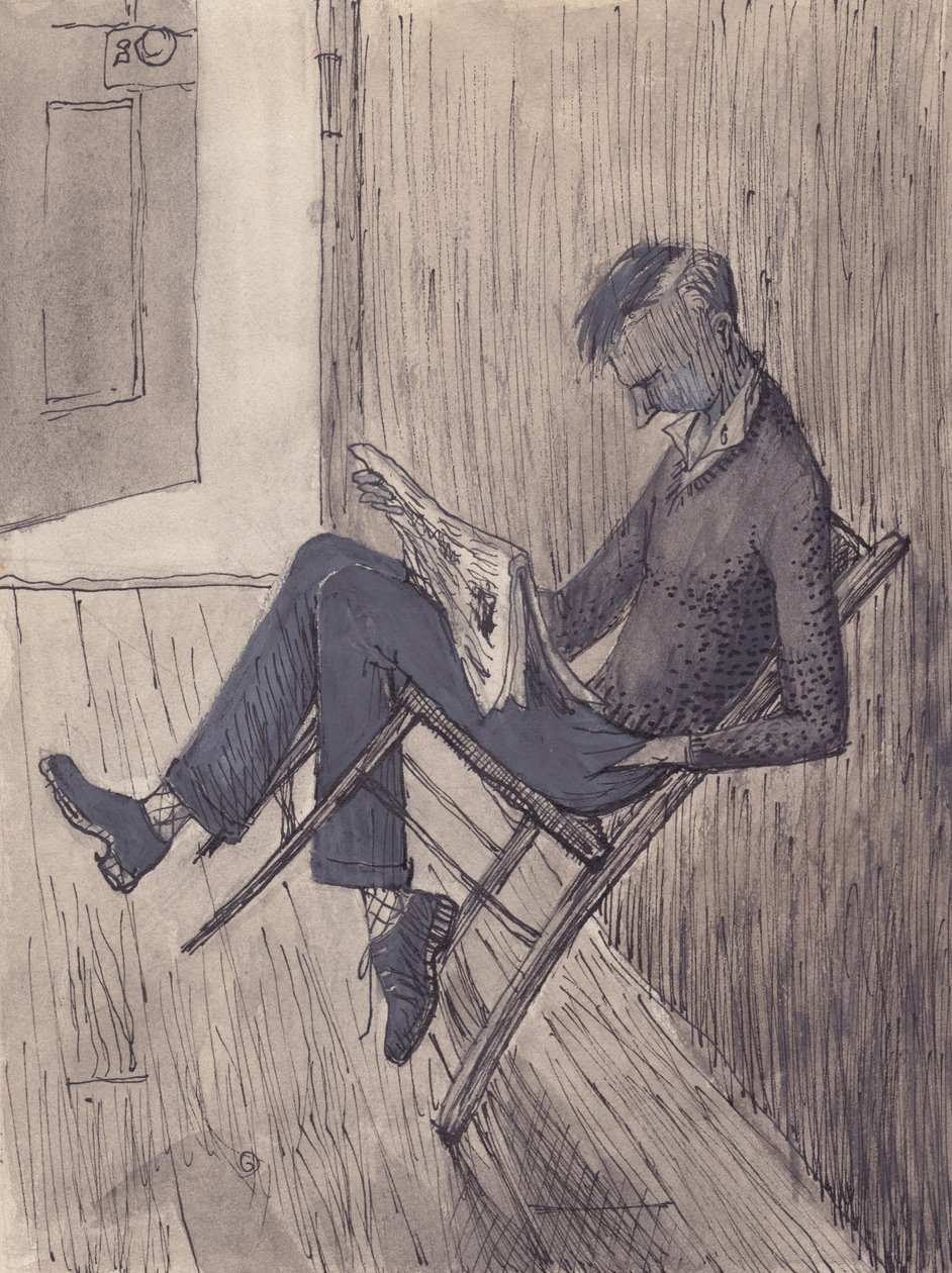 Jonge man leunend met zijn stoel tegen een muur, 1952 door Shirley Markham