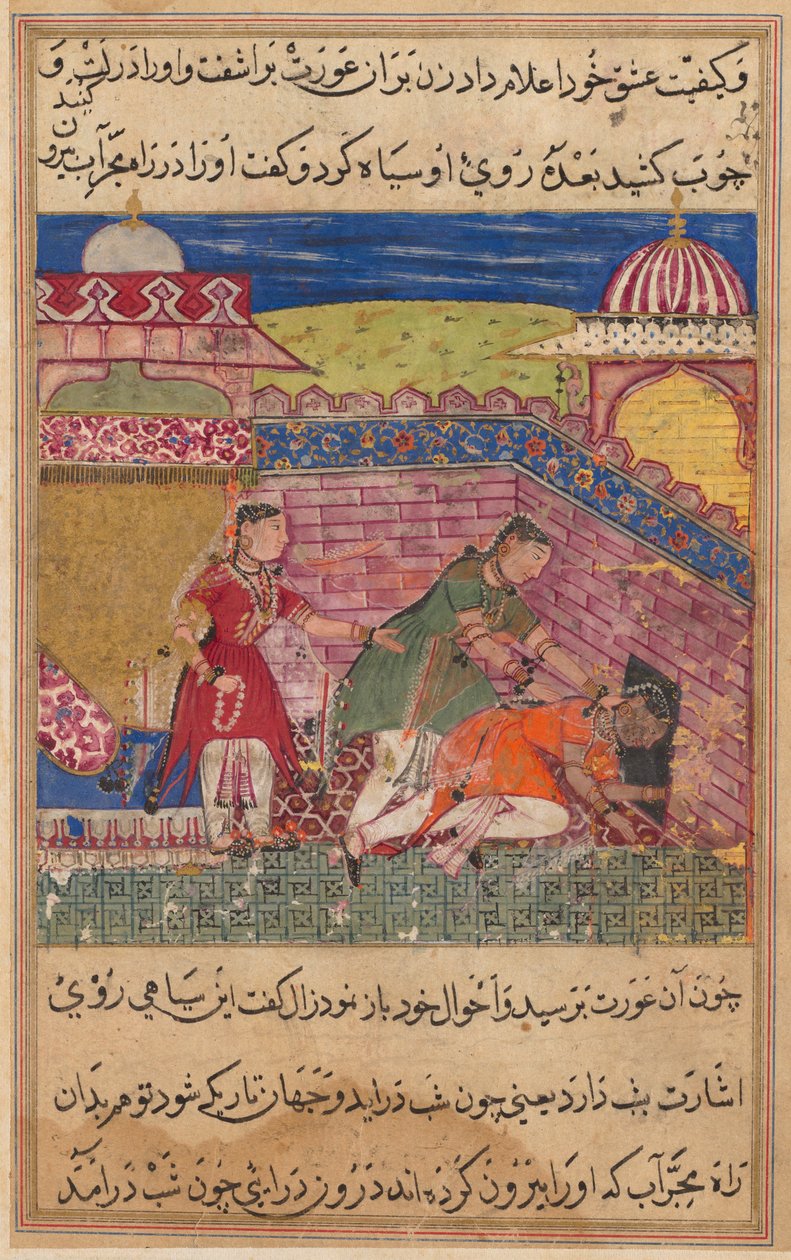 Pagina uit Verhalen van een Papegaai Tuti-nama: Achtste nacht: De bedrieglijke vrouw werpt uit, 1558-1560 door Shravana