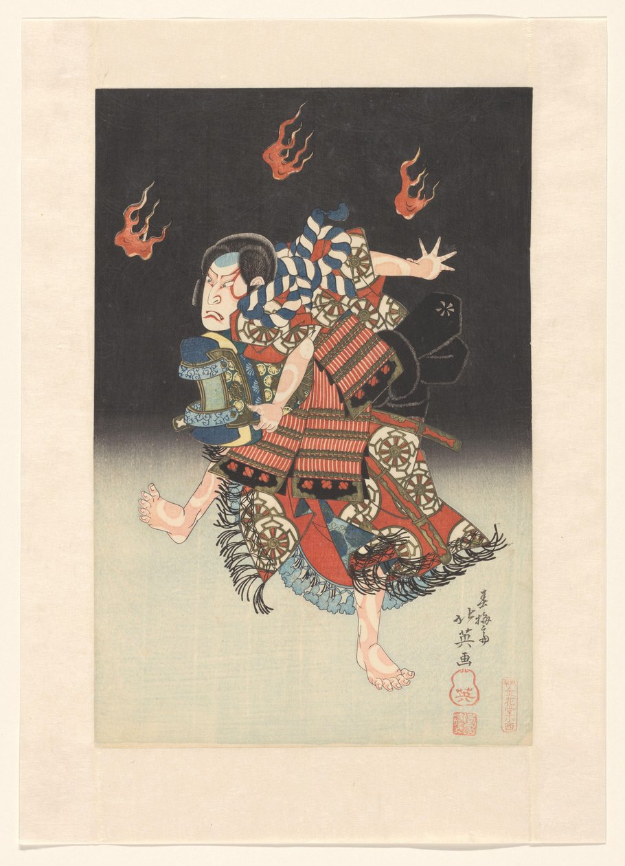 Nakamura Shikan II als de vos (kitsune) Genkurô in het toneelstuk ‘Hanayagura hitome senbon’, Naka Theater door Shunbaisai Hokuei