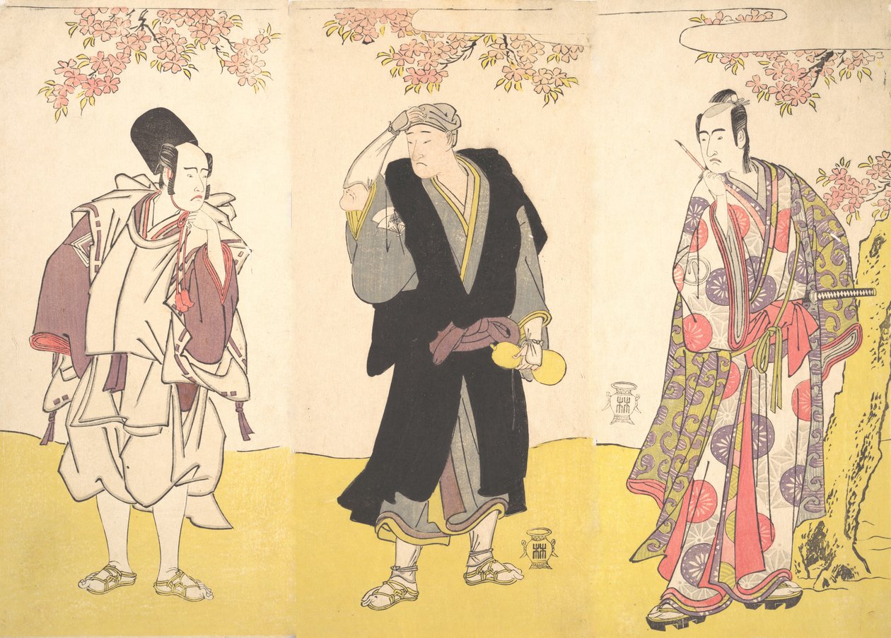 Kabuki-acteurs Ichikawa Yaozo III, Onoe Matsusuke I, en Sawamura Sojuro III, 11e maand, 1786 door Shunsho