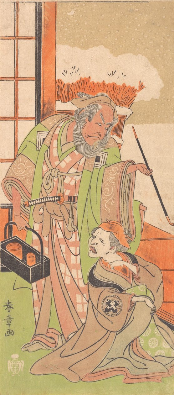 Scène uit de tweede akte van het drama Kawaranu Hana Sakae Hachinoki, 12e maand, 1769 door Shunsho